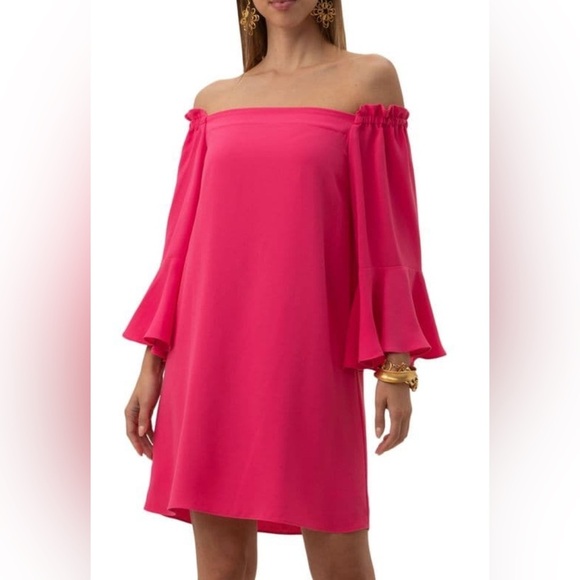 Trina Turk Dress S Off Shoulder Bell Sleeve Pink Ruffle Sleeves Recycled NWT - Picture 1 of 12